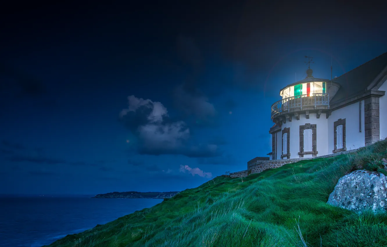 Photo wallpaper sea, light, landscape, night, shore, France, lighthouse, the evening