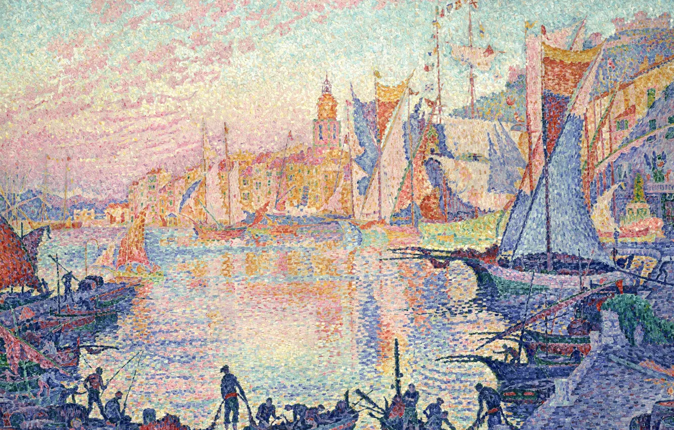 Photo wallpaper boat, picture, sail, the urban landscape, Saint-Tropez, Paul Signac, pointillism