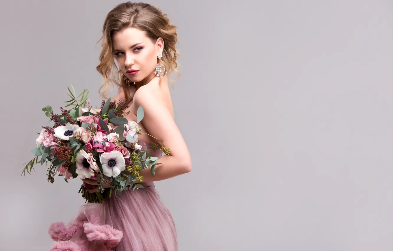 Photo wallpaper girl, decoration, flowers, background, bouquet, makeup, dress, hairstyle