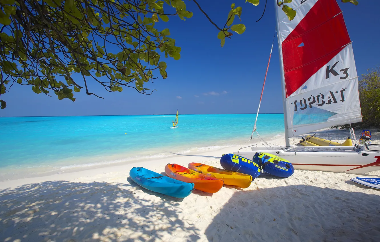 Photo wallpaper sand, sea, beach, the sky, boat, sail, Board, catamaran