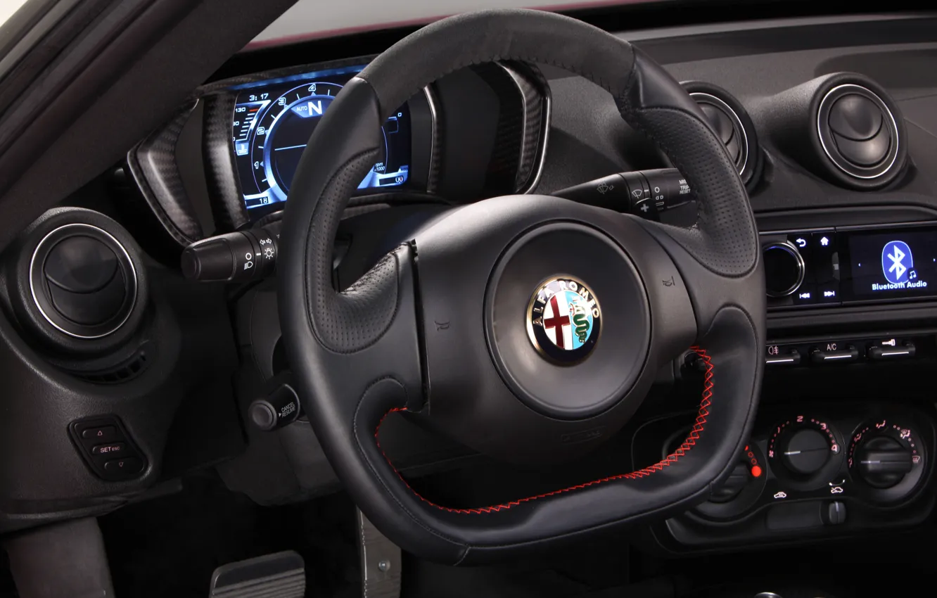 Photo wallpaper red, the wheel, salon, launch edition, leather, Alfa Romeo 4c