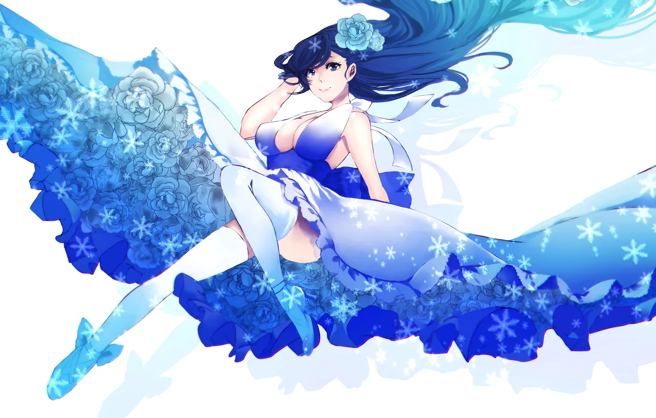 Photo wallpaper look, girl, flowers, snowflakes, blue, hair, anime, dress