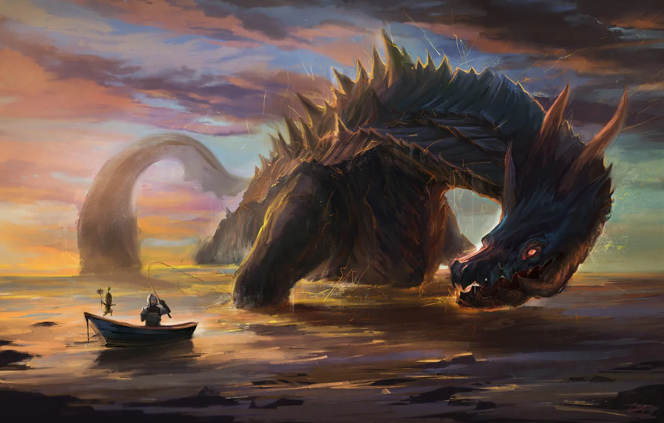 Photo wallpaper sea, boat, dragon, art, knight, rod, catch, Rybka