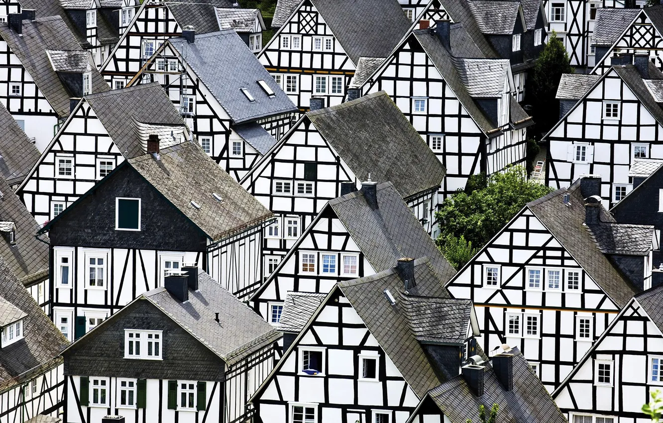 Photo wallpaper roof, trees, street, home, texture