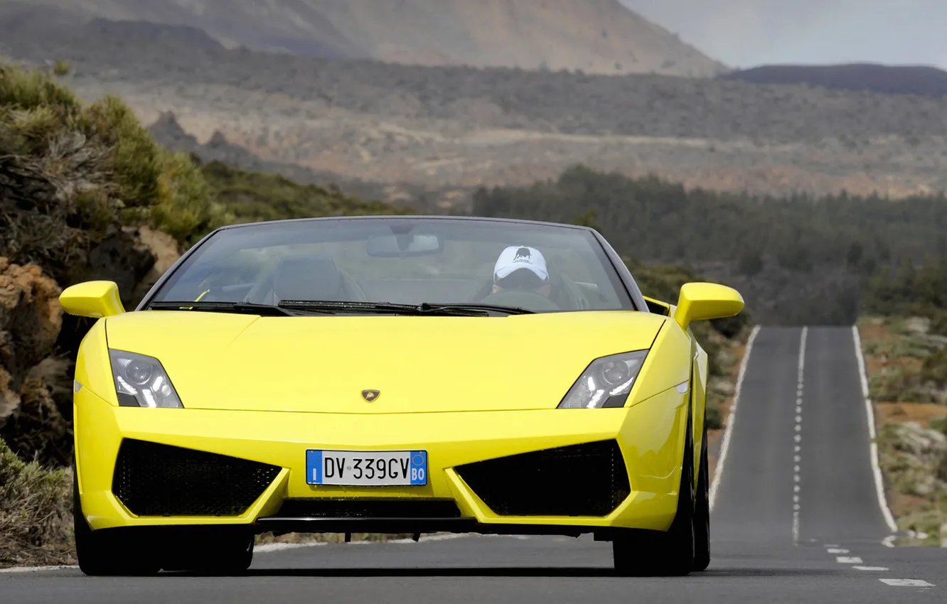 Photo wallpaper road, yellow, movement, supercar, convertible, front view, Lamborghini, Gallardo