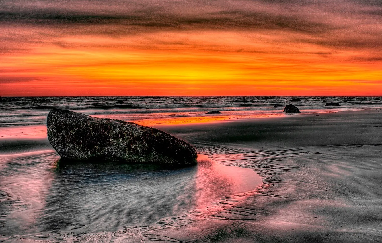 Photo wallpaper sea, the sky, clouds, stones, shore, HDR, glow