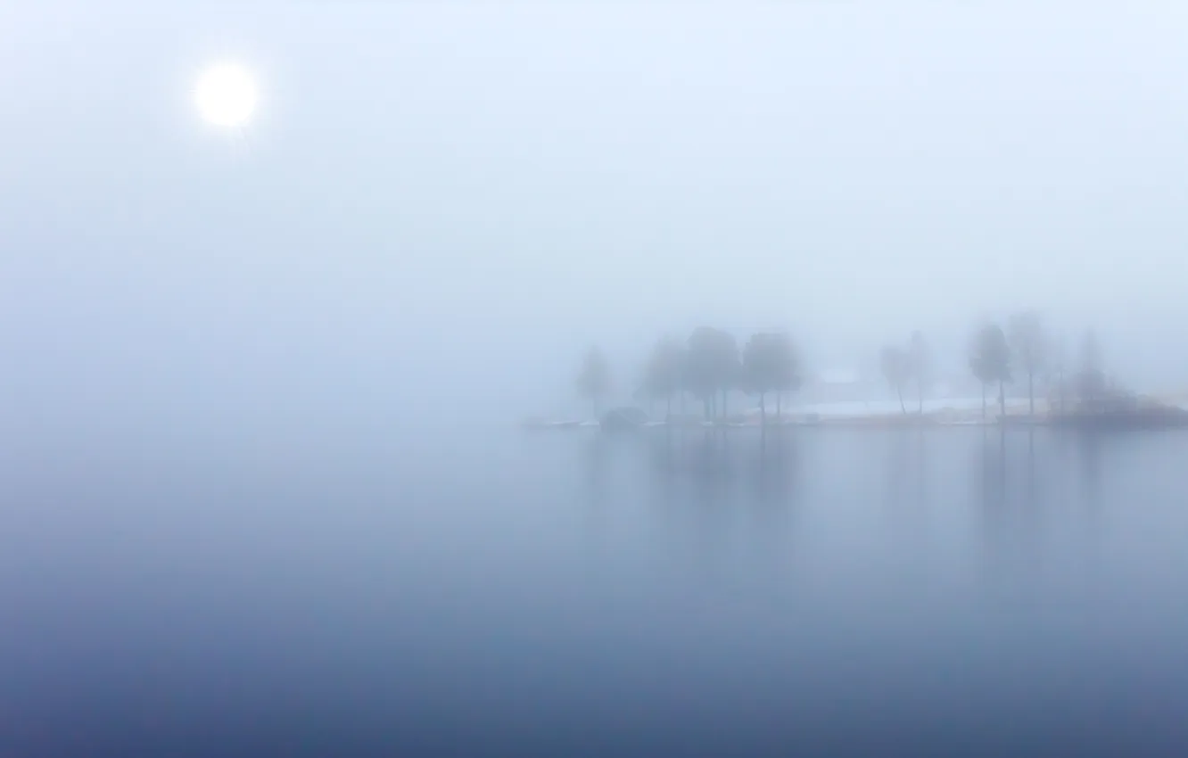 Photo wallpaper fog, lake, island