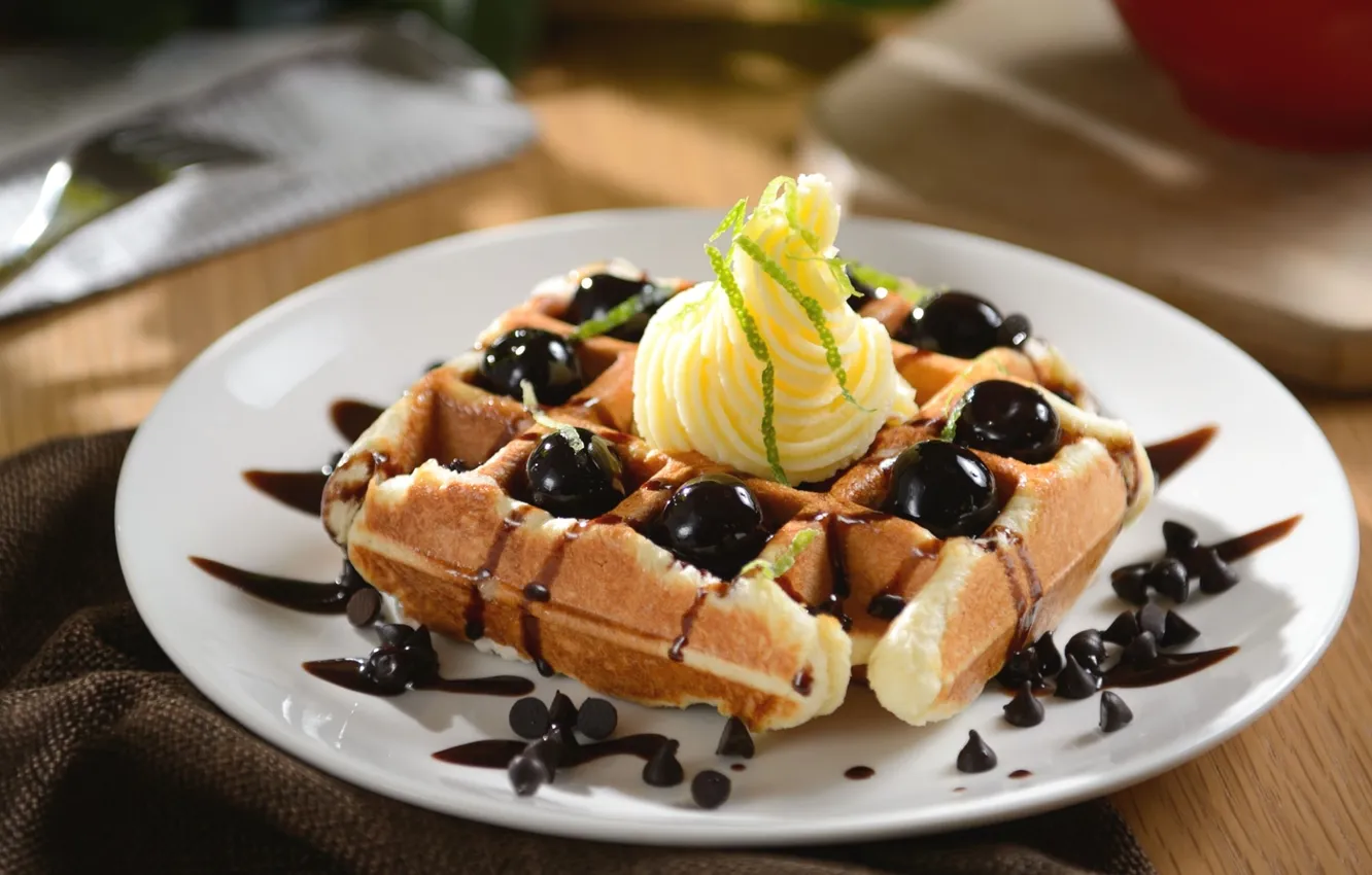 Photo wallpaper chocolate, cream, dessert, waffles