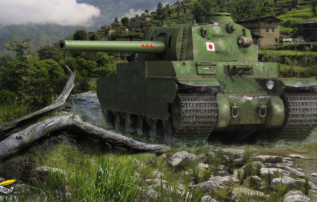 Photo wallpaper landscape, mountains, stream, stones, slope, tank, Japanese, World of Tanks