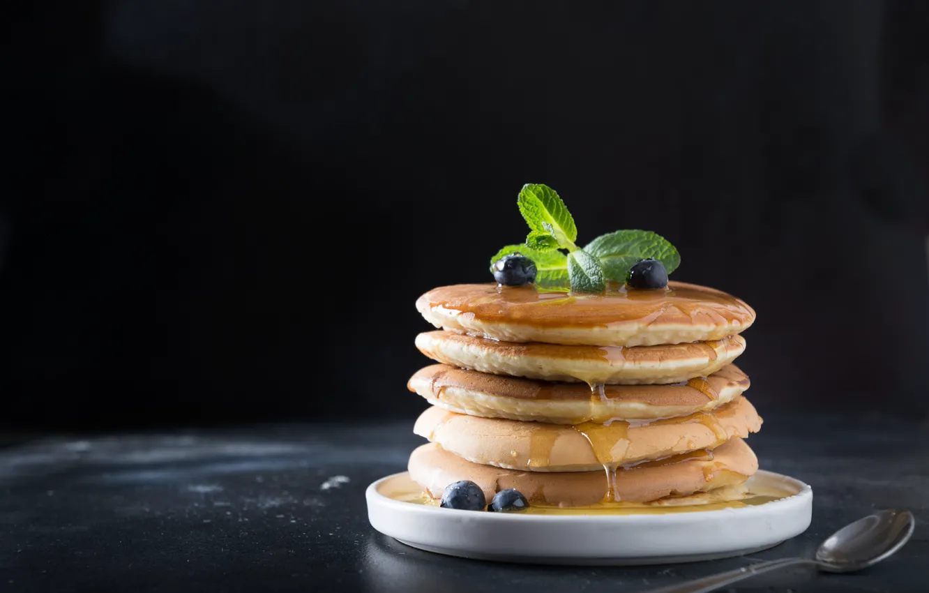 Photo wallpaper berries, Breakfast, honey, pancakes