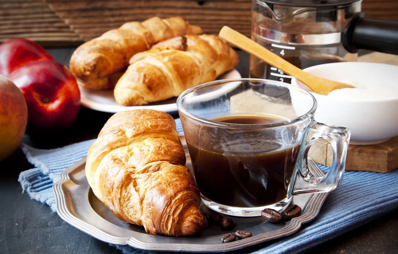 Photo wallpaper coffee, Breakfast, cream, cup, coffee, growing, breakfast, croissant