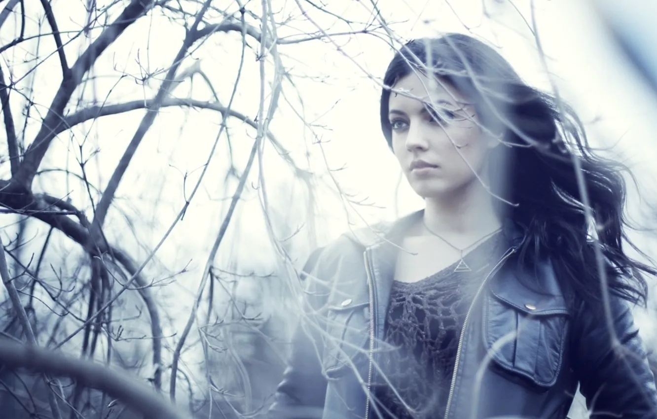 Photo wallpaper girl, branches, brunette, jacket