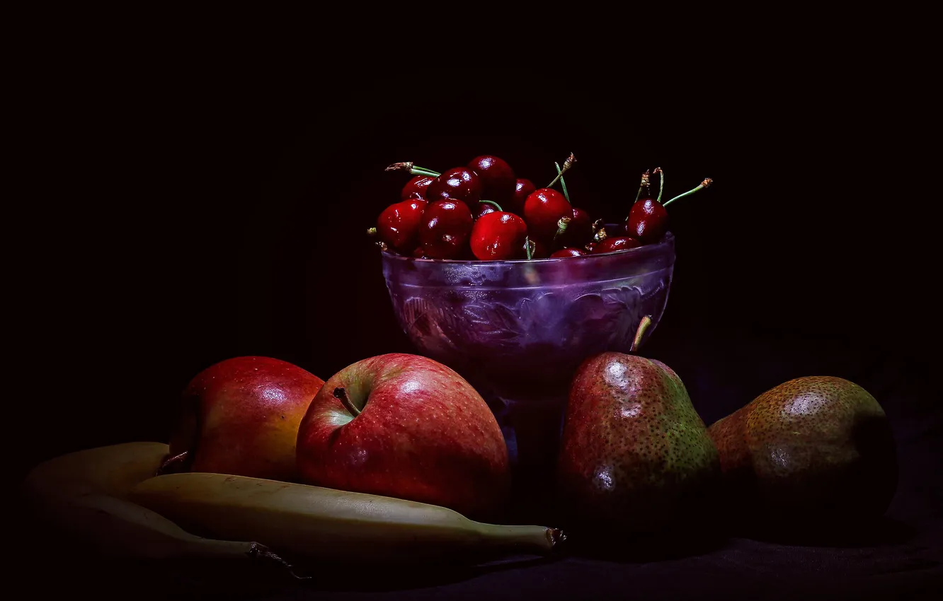 Photo wallpaper light, cherry, berries, table, apples, bananas, fruit, black background