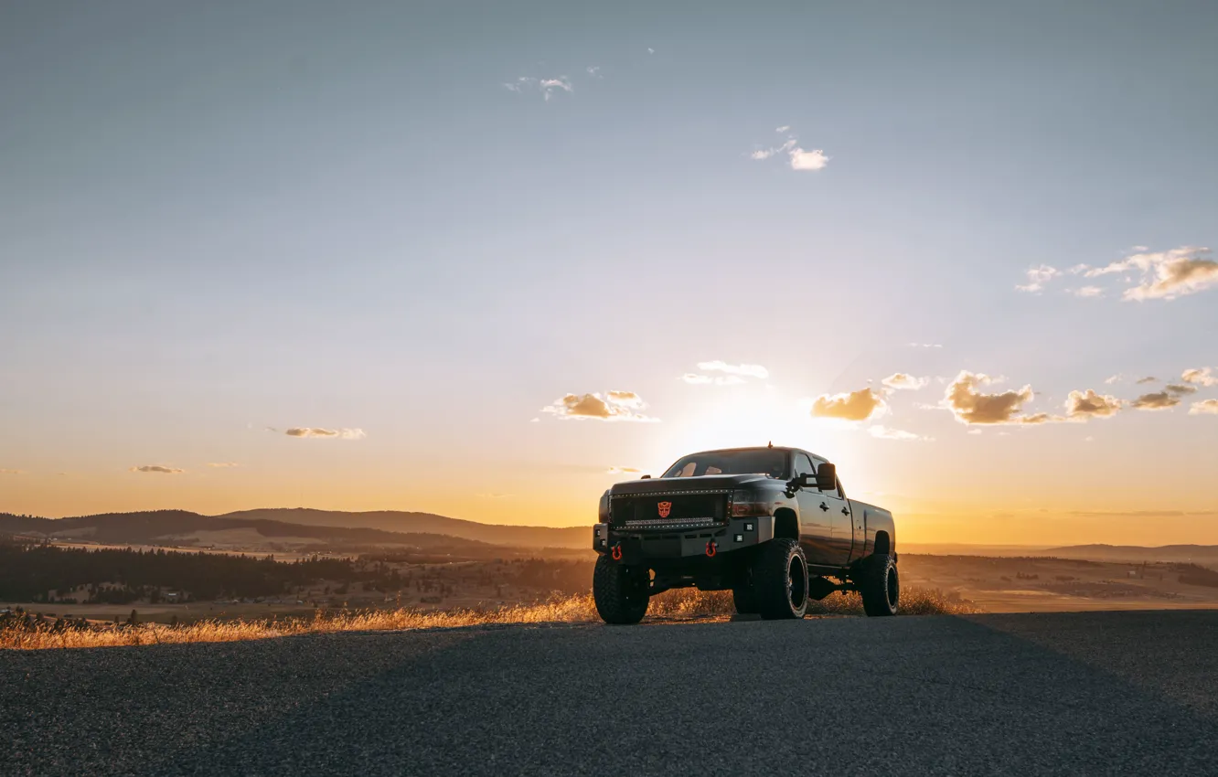 Photo wallpaper road, the sky, the sun, clouds, hills, lights, shadow, Chevrolet