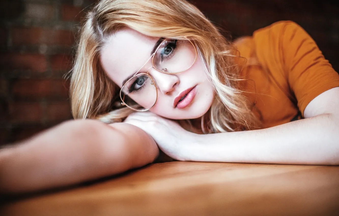 Photo wallpaper look, girl, table, portrait, makeup, glasses, hairstyle, blonde