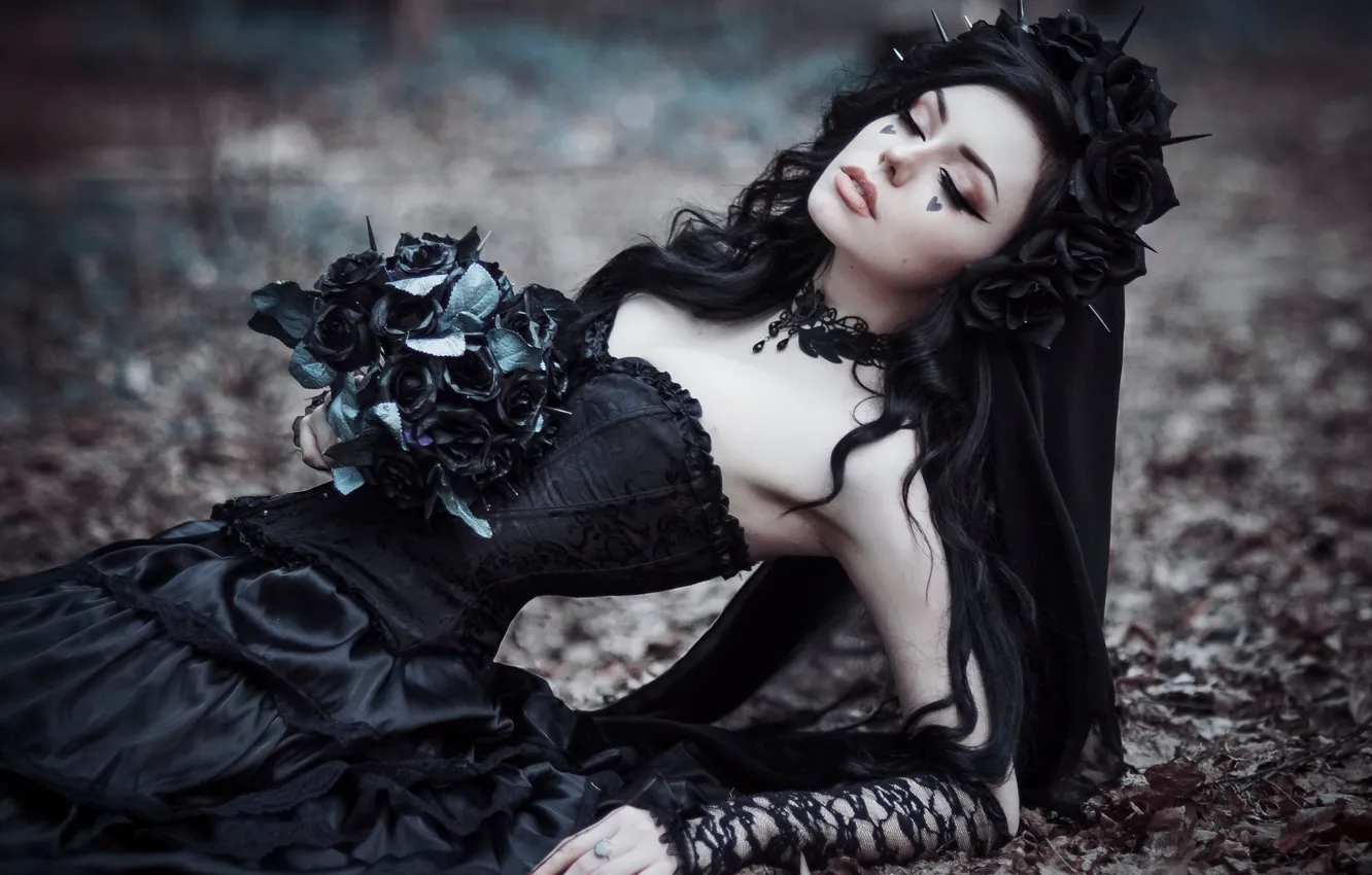 Photo wallpaper leaves, girl, flowers, Gothic, lies, hotesse
