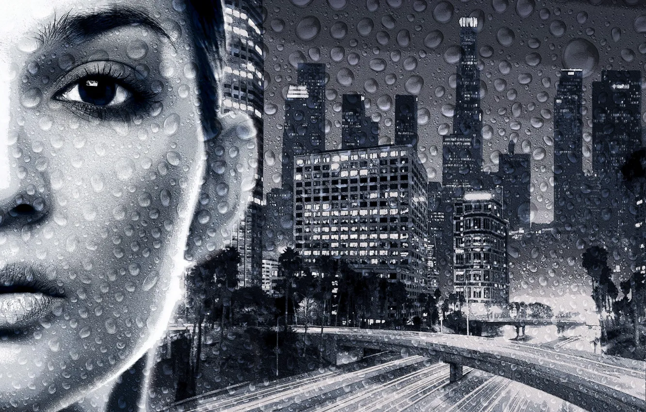 Photo wallpaper girl, night, bridge, the city, rain, night city
