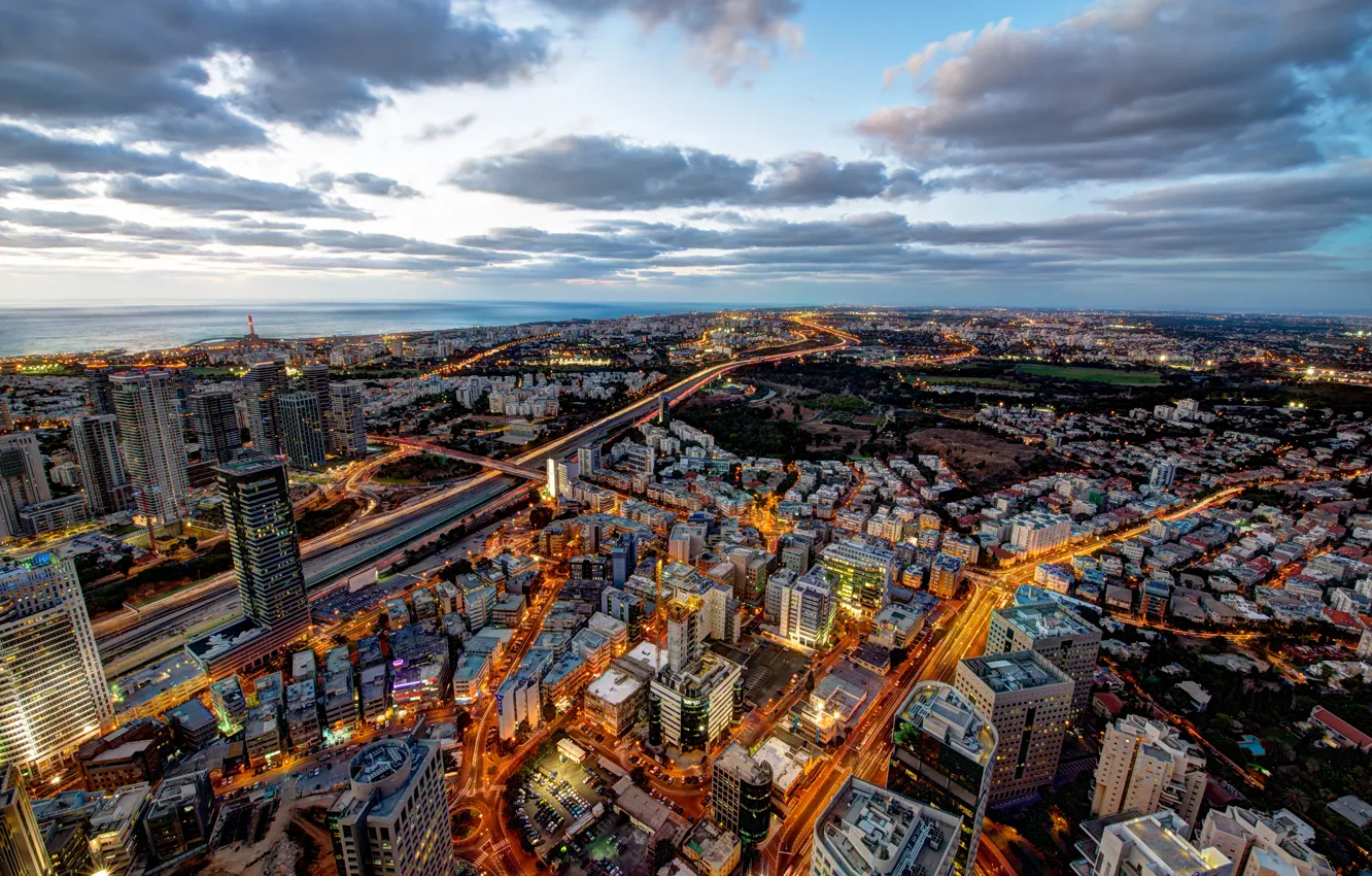 Photo wallpaper road, the sky, clouds, the city, lights, building, home, dal