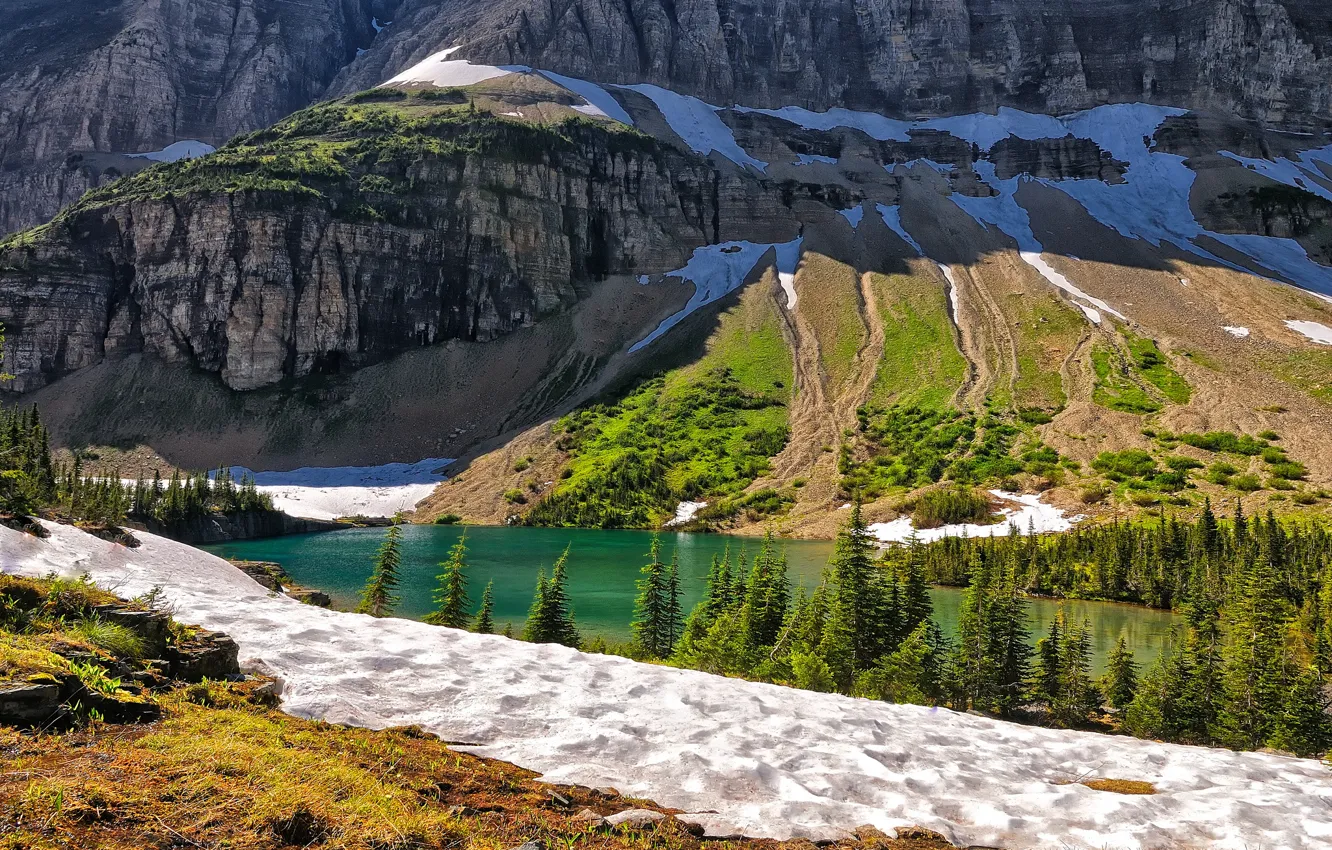 Photo wallpaper snow, trees, mountains, lake