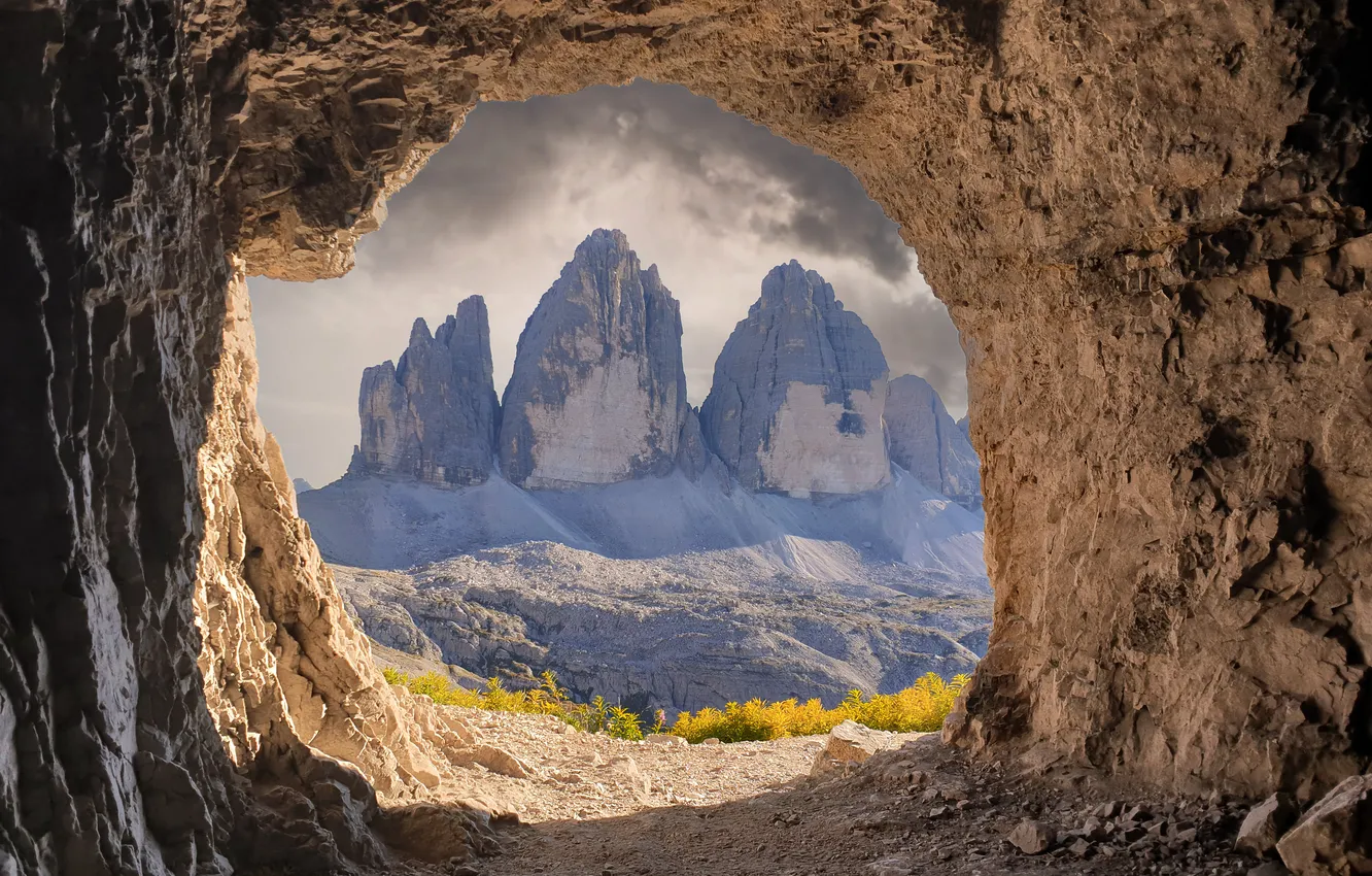 Photo wallpaper mountains, rocks, tops, view, arch, cave, The Dolomites