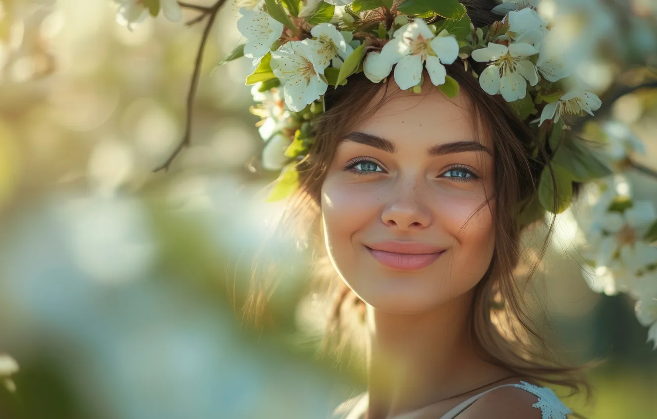 Photo wallpaper look, girl, light, flowers, branches, face, smile, portrait