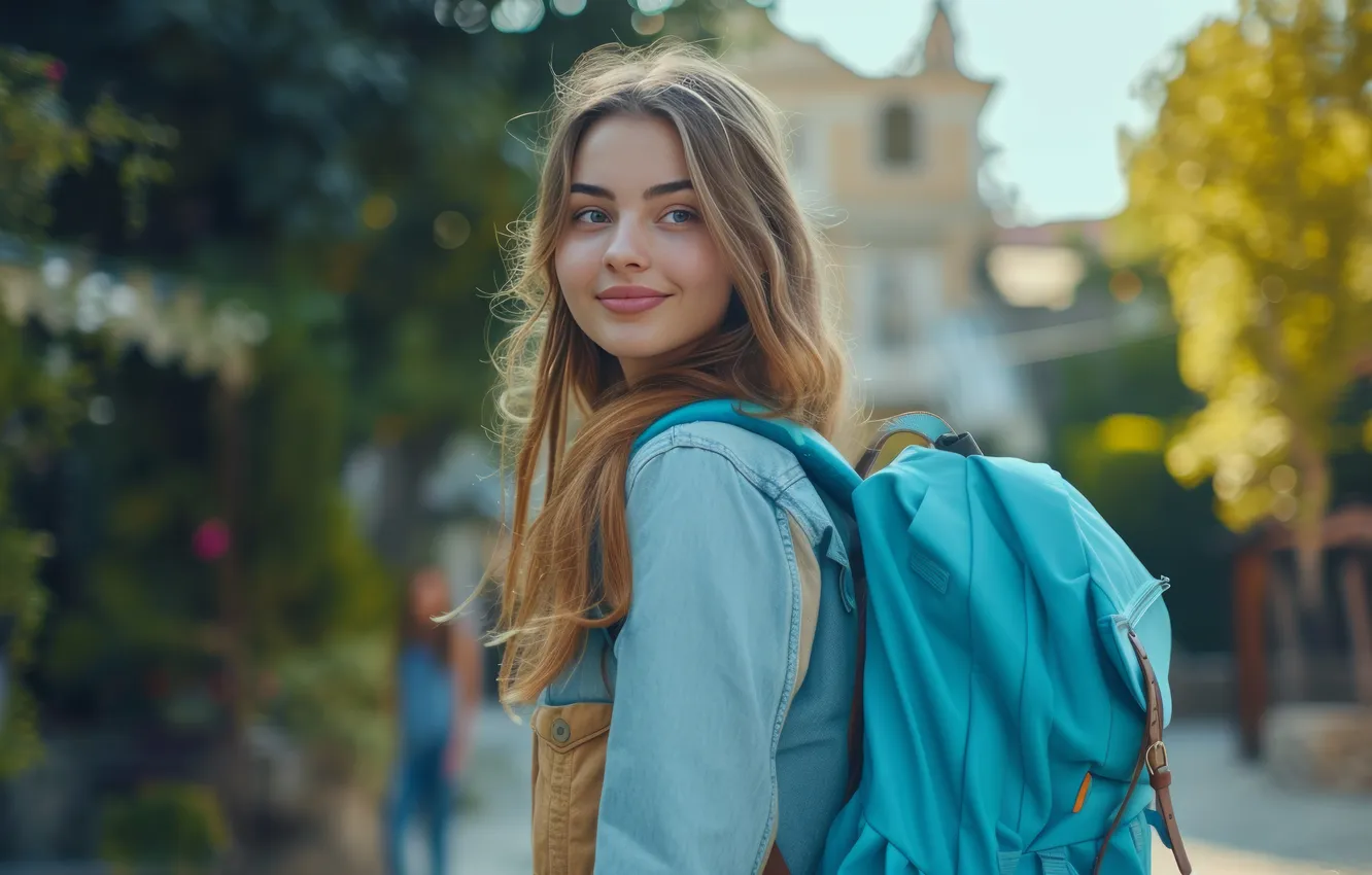 Photo wallpaper look, girl, trees, flowers, face, the city, smile, street