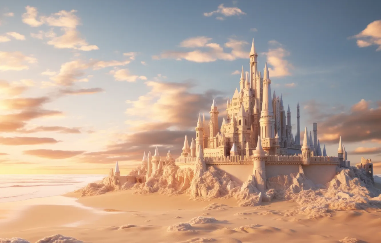 Photo wallpaper sand, clouds, fog, castle, dawn, shore, morning, fantasy