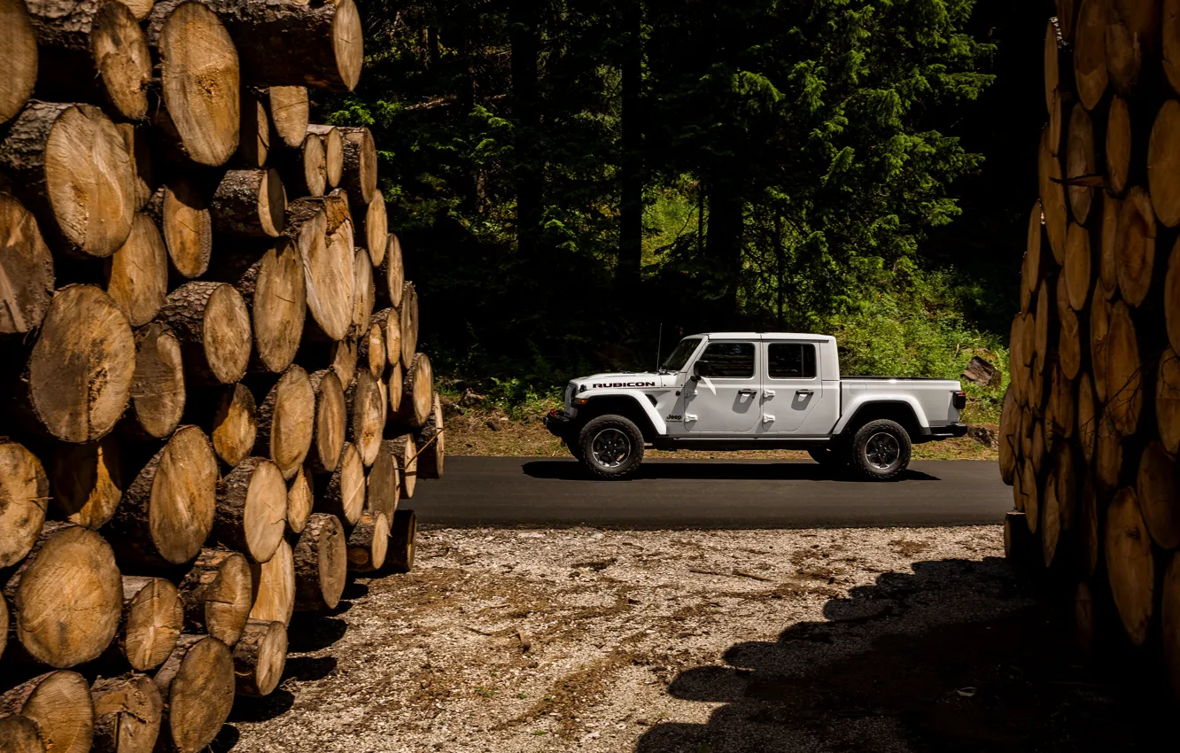 Photo wallpaper white, SUV, pickup, Gladiator, logs, 4x4, Jeep, Rubicon