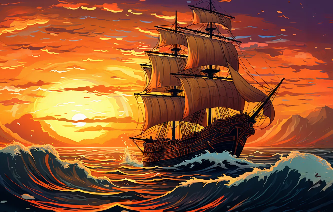 Photo wallpaper sea, wave, dawn, ship, sailboat, pirate, digital art, AI art