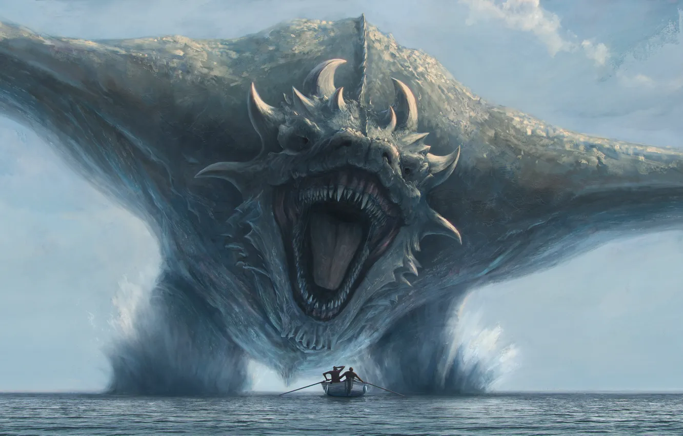 Wallpaper Dragon, Monster, Boat, People, Teeth, Mouth, Sea monster for mobile and desktop