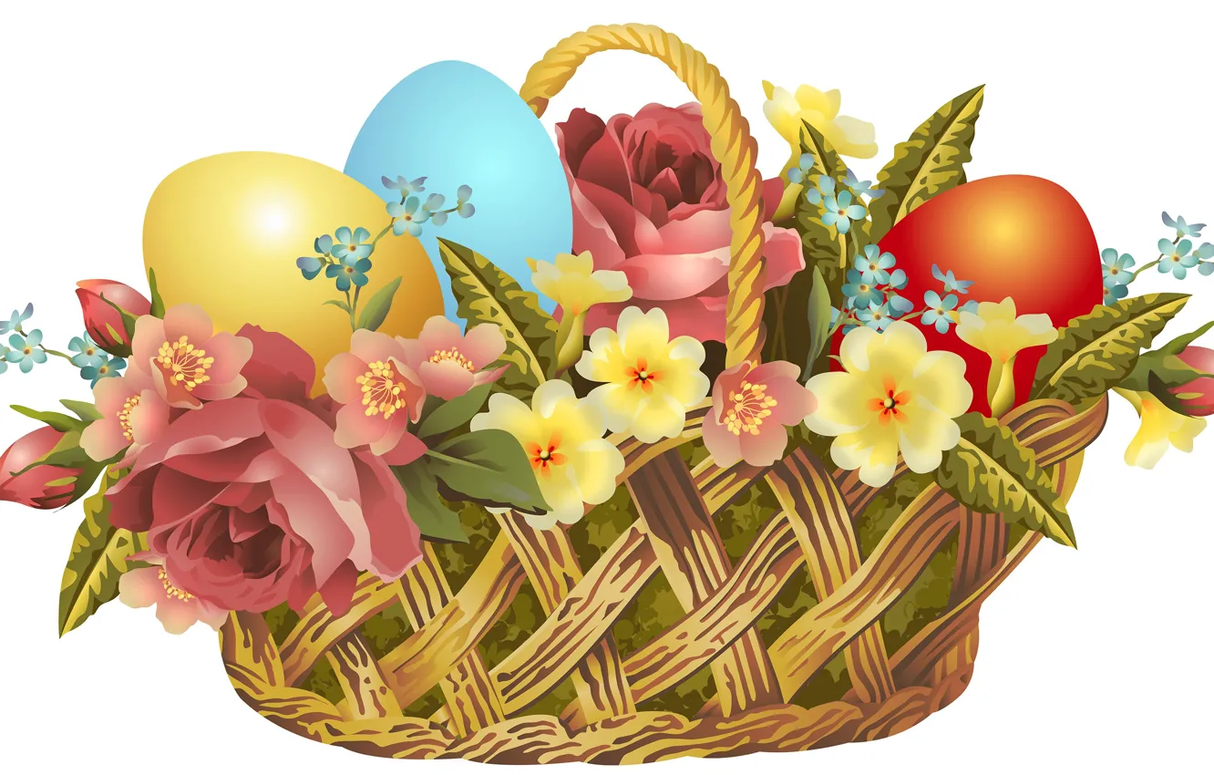 Photo wallpaper flowers, basket, eggs, Easter