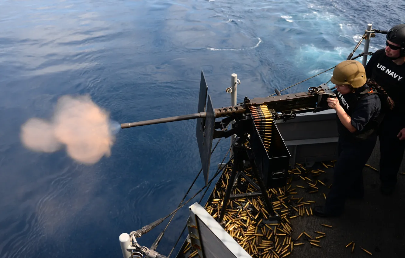 Photo wallpaper weapons, shooting, U.S. Marines, USS Boxer (LHD 4), 50-caliber machine gun