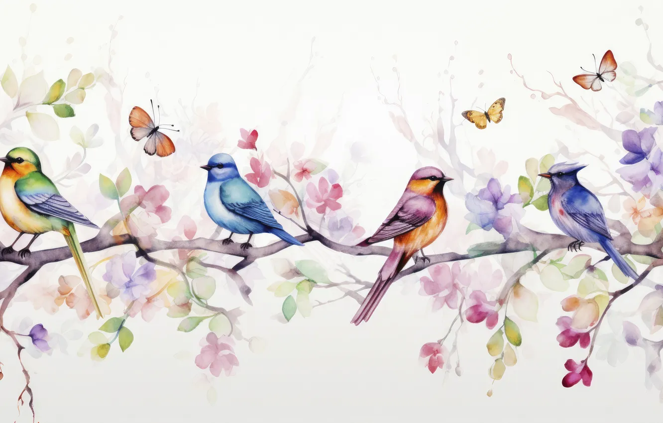 Photo wallpaper summer, flowers, branches, bird, butterfly, bright, spring, garden