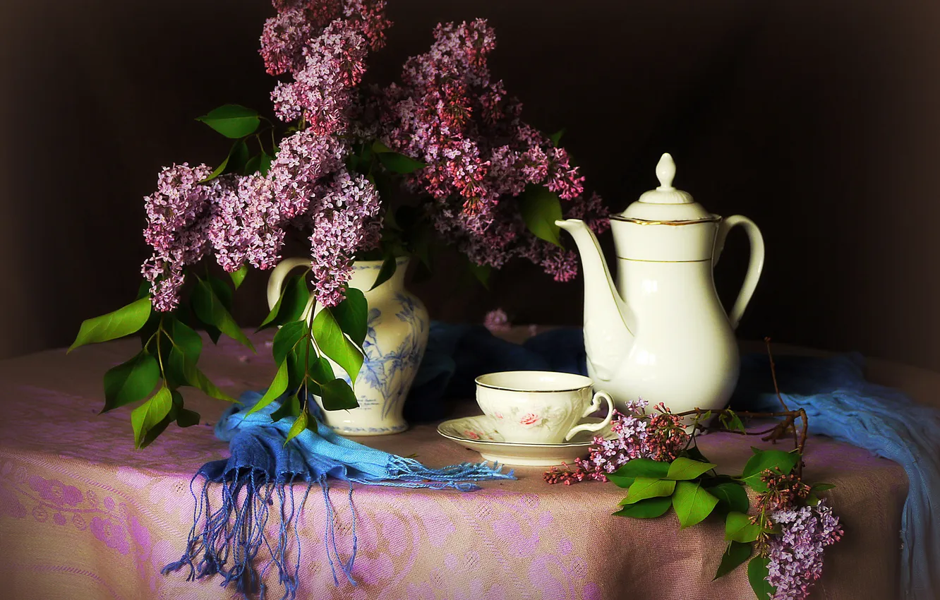 Photo wallpaper flowers, photo, Cup, vase, pitcher, still life, lilac