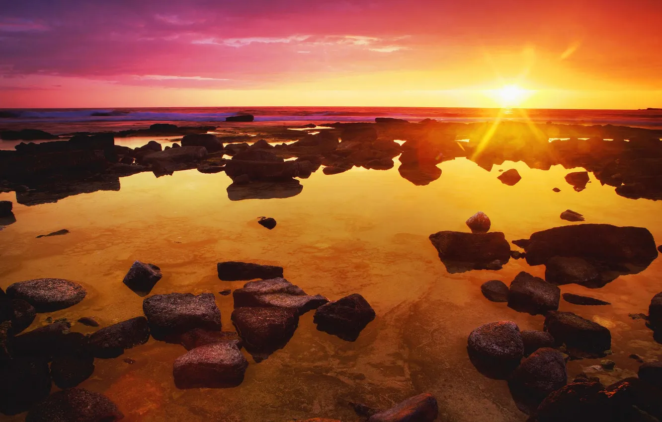Photo wallpaper sea, the sky, the sun, rays, light, sunset, stones