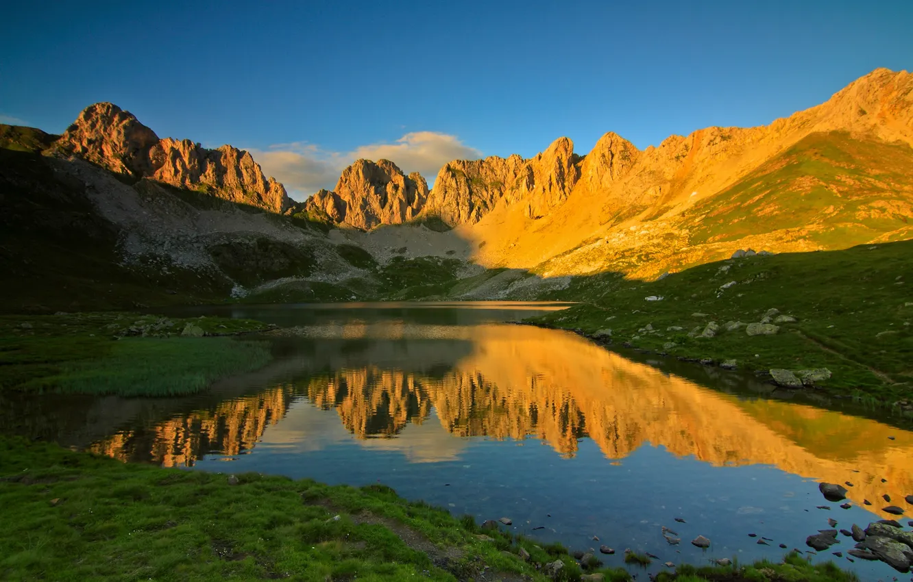 Photo wallpaper the sky, clouds, mountains, lake, reflection