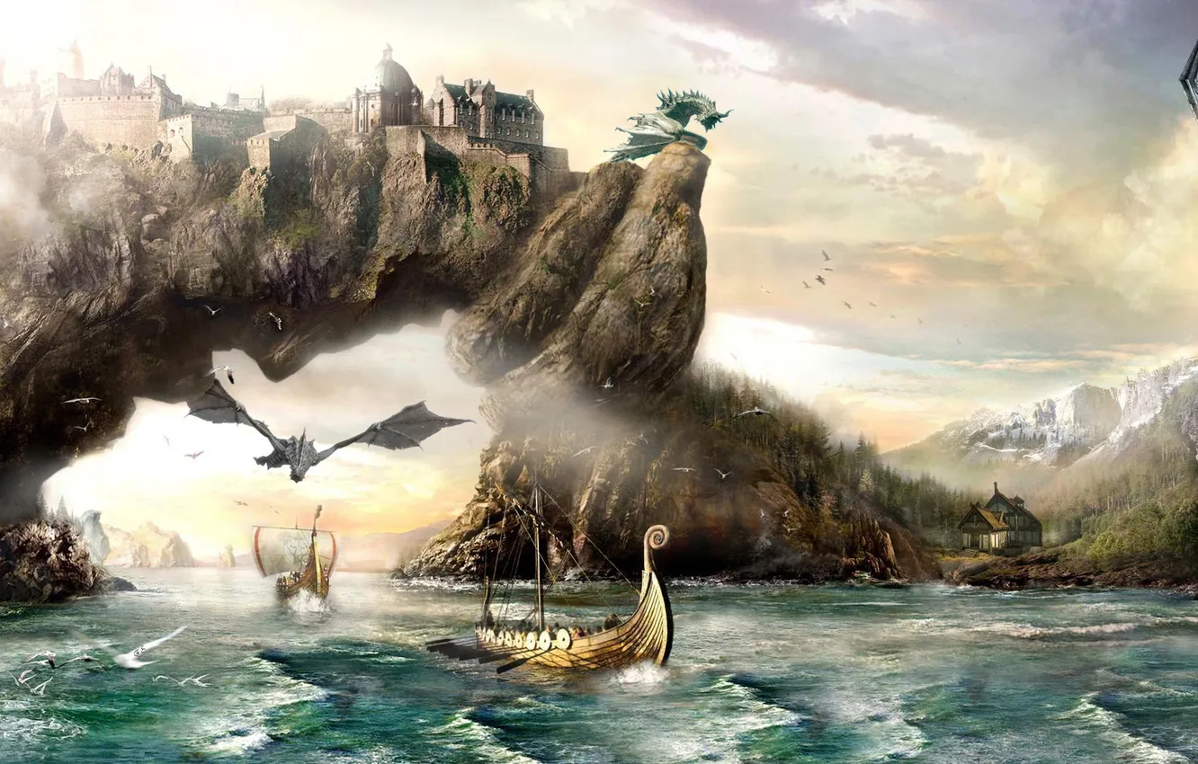 Photo wallpaper river, dragon, home, Skyrim