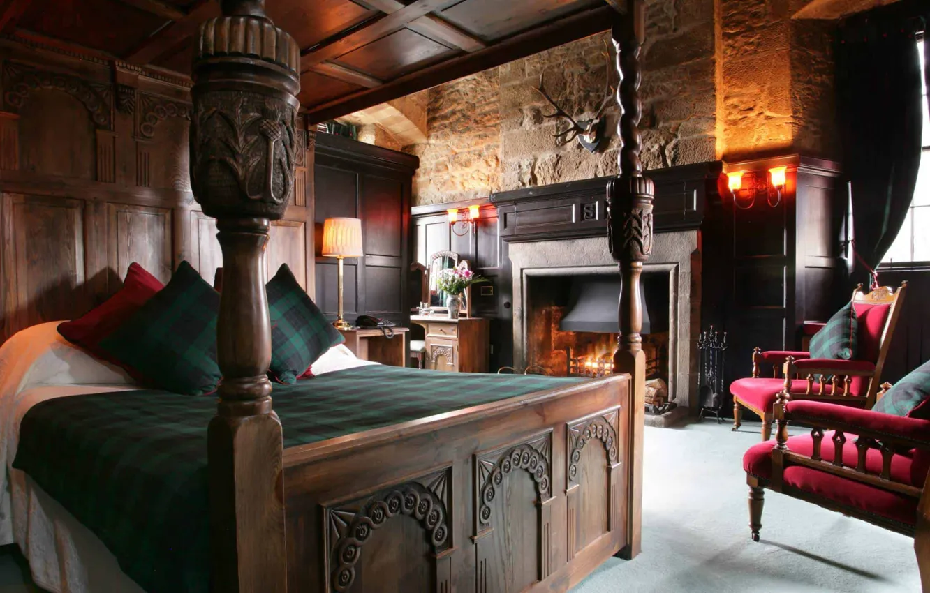 Photo wallpaper interior, fireplace, bedroom, Scotland, Castle Hotel