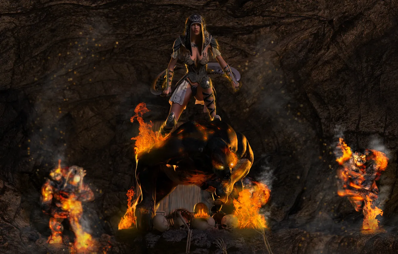 Photo wallpaper girl, lights, weapons, skull, monster, armor, cave