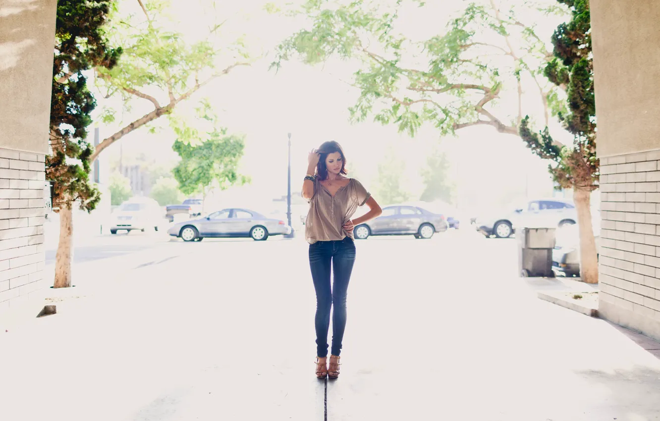 Photo wallpaper girl, street, feet, jeans, yard, blouse, is
