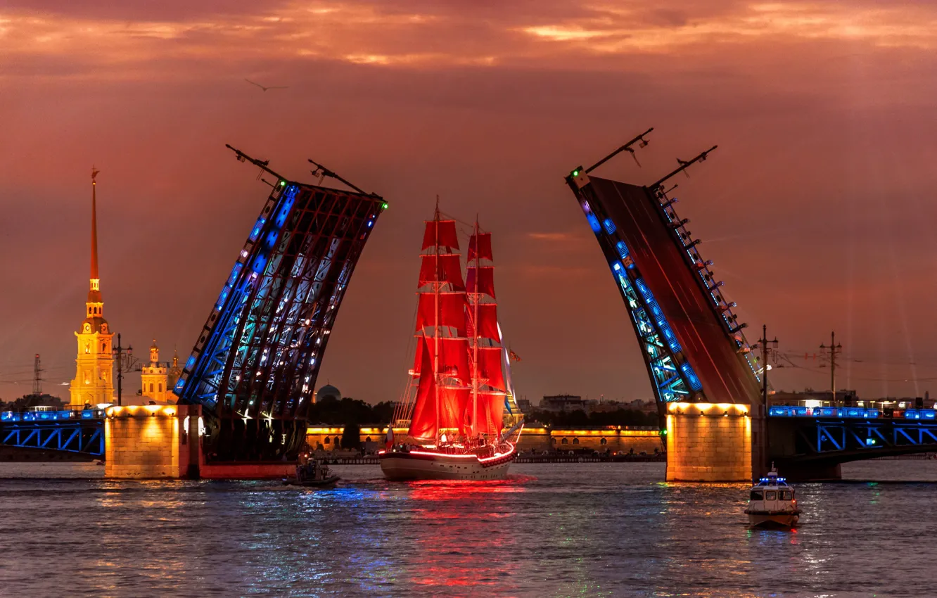 Photo wallpaper night, bridge, river, ship, sailboat, Peter, Saint Petersburg, Neva