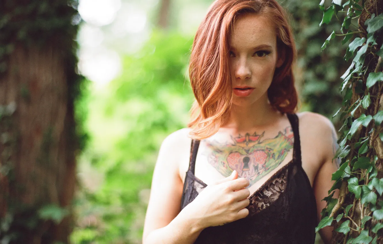 Photo wallpaper girl, blouse, woman, tree, model, tattoo, redhead, tattoos