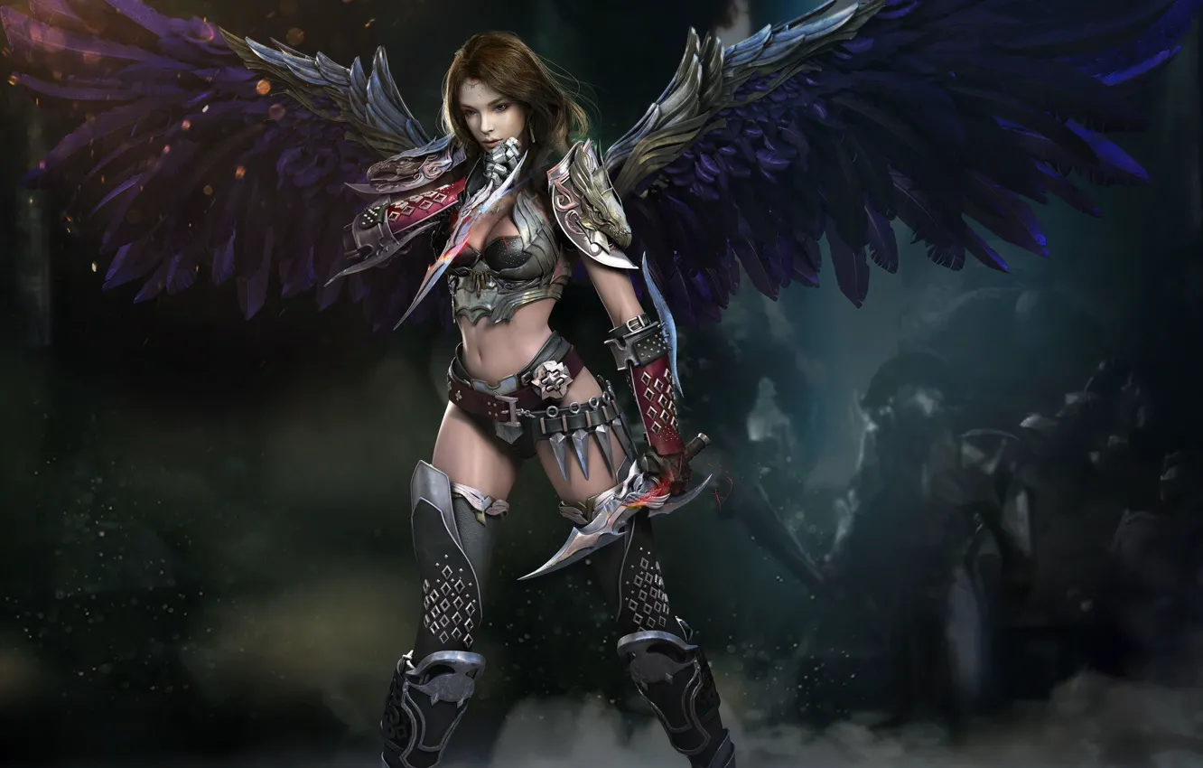 Photo wallpaper look, girl, weapons, armor, Wings