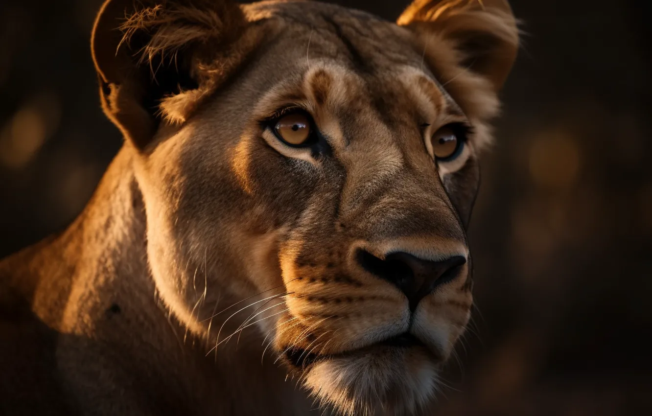 Photo wallpaper look, face, the dark background, lioness, big cat, predator, closeup, digital art