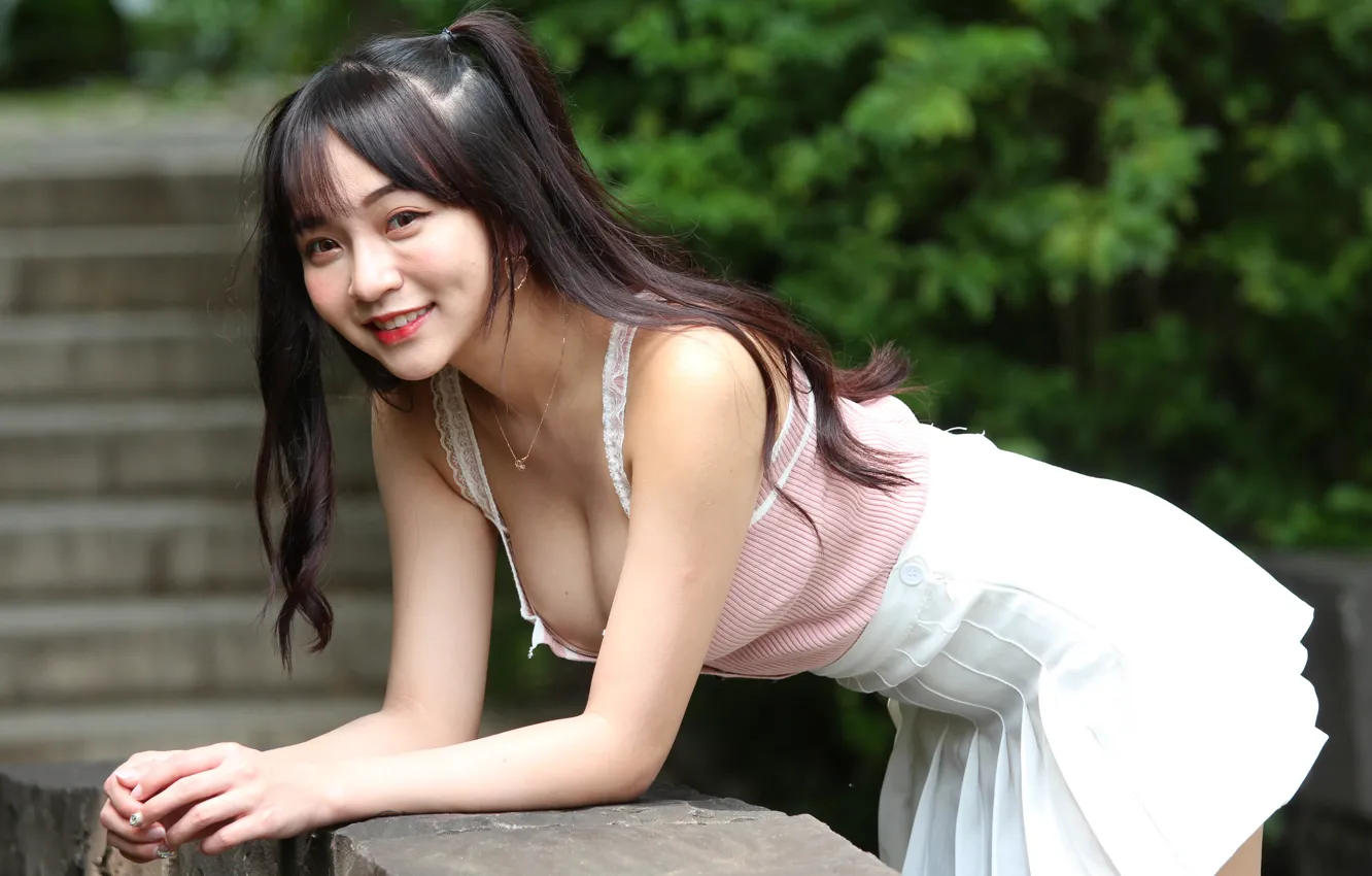 Photo wallpaper look, trees, pose, model, skirt, portrait, Mike, figure