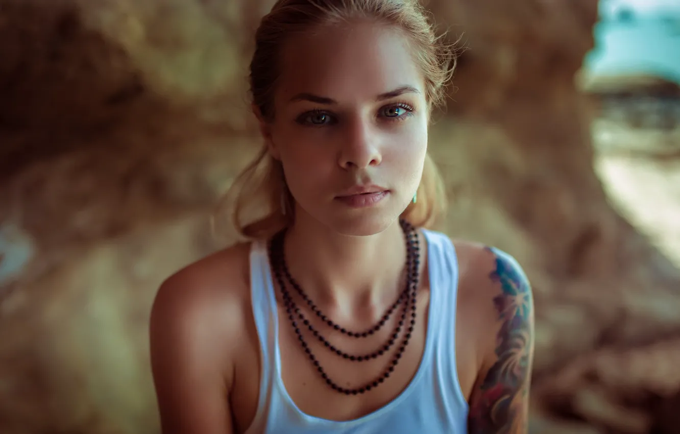 Photo wallpaper girl, Model, photo, eyes, tattoo, lips, face, blonde