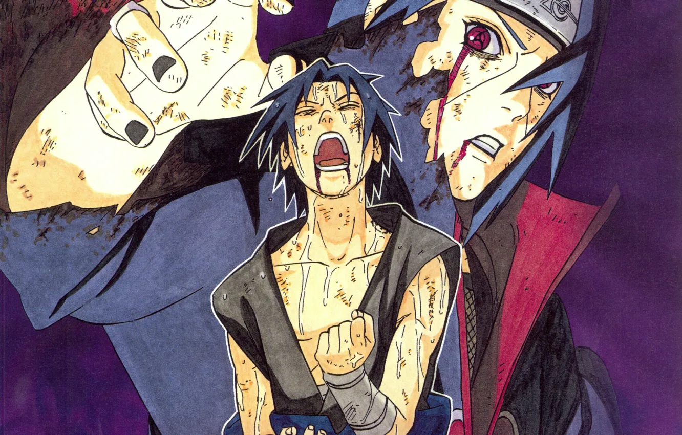 Photo wallpaper hatred, pain, brothers, Sasuke, Naruto, red eyes, Creek, the fight