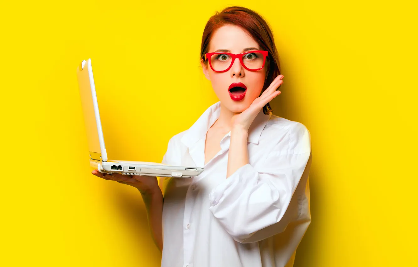 Photo wallpaper look, girl, surprise, glasses, laptop, red, shirt, beautiful