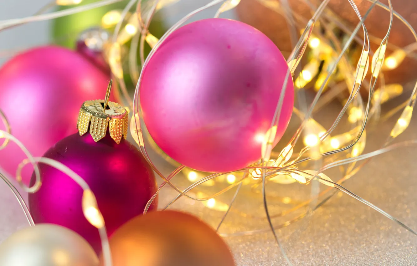 Photo wallpaper pink, garland, Christmas balls