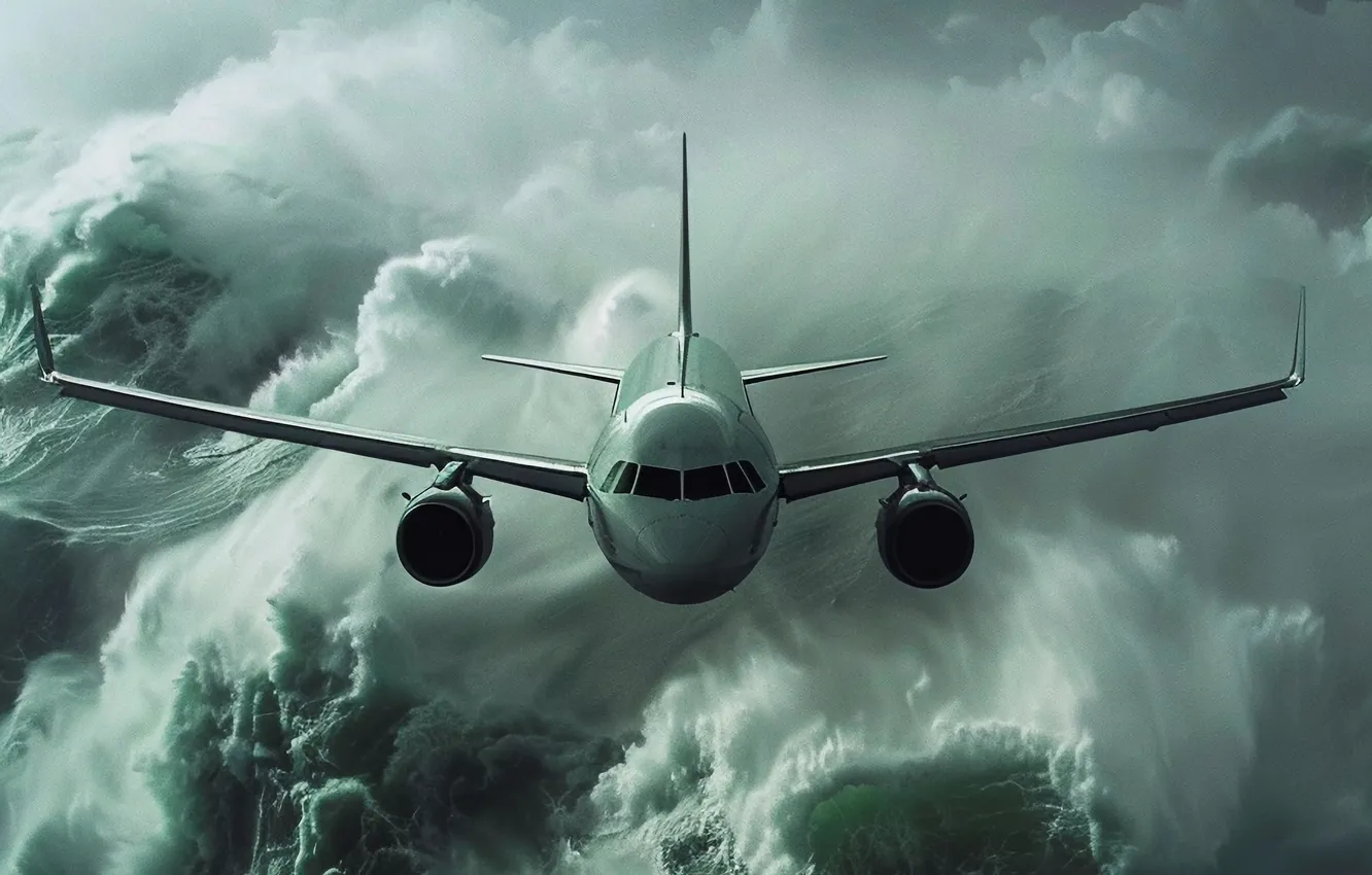 Photo wallpaper The ocean, The plane, Wave, Flight, Clouds, AI art, The Art of Artificial Intelligence, Neural …